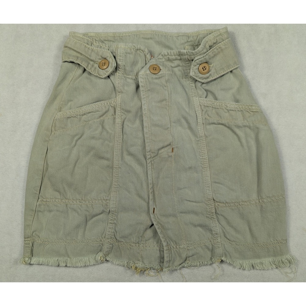 Free People Khaki Cotton Lyocell Utility Frayed Raw Hem Mini Skirt Size 6